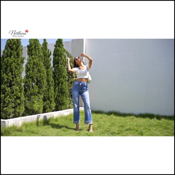 High Rise Crossover Boyfriend Jeans, Distressed Stretchy Denim Pants, Straight - Picture 7 of 7